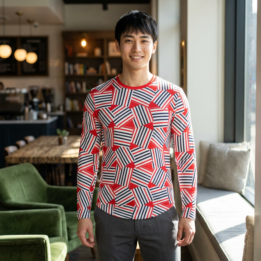 Men's Red White Blue Striped UV Sun Protection   "UPF 50+" Long Sleeve Shirt — All-Over Print