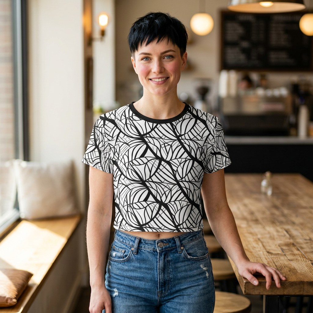 Black & White Leaf Pattern Crop Tee – All-Over Botanical Graphic