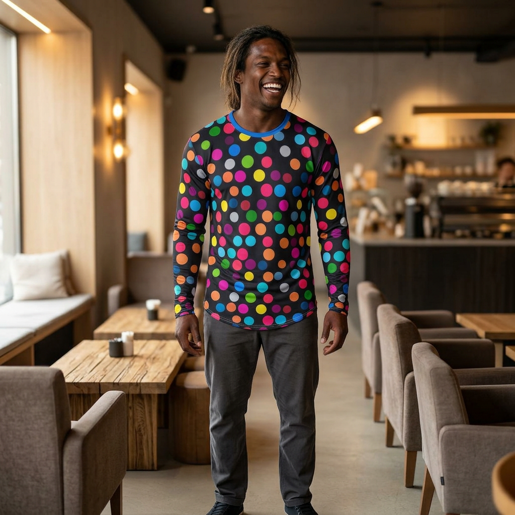 Men's UV Long Sleeve Shirt — "UPF 50+"Bright Neon Polka Dot All-Over Print