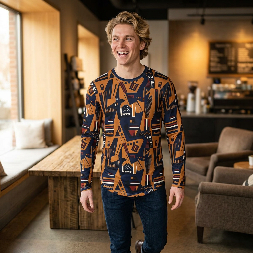 Abstract Tribal Pattern UV Sun Protection "UPF 50+" Long Sleeve Shirt — Men's All-Over Print