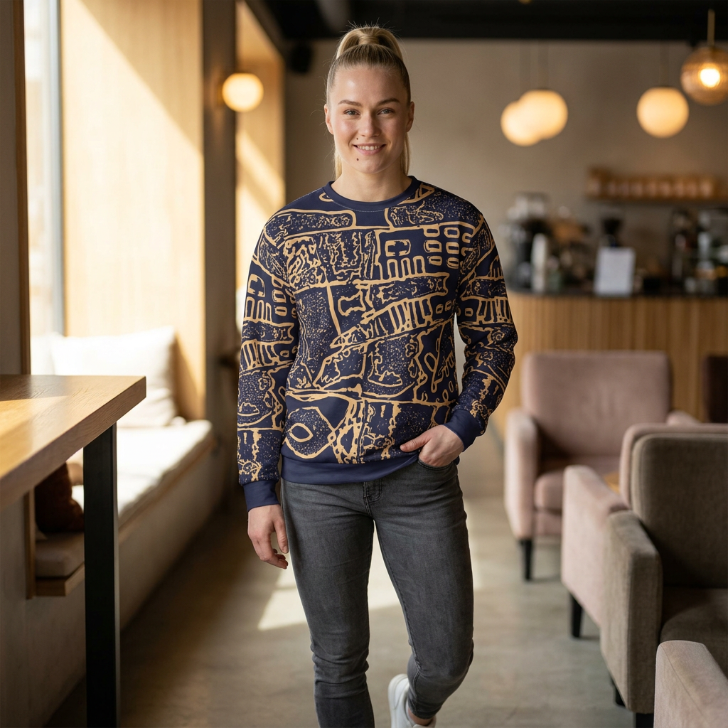 Sweat-shirt à imprimé abstrait bleu marine et doré — Motif géométrique