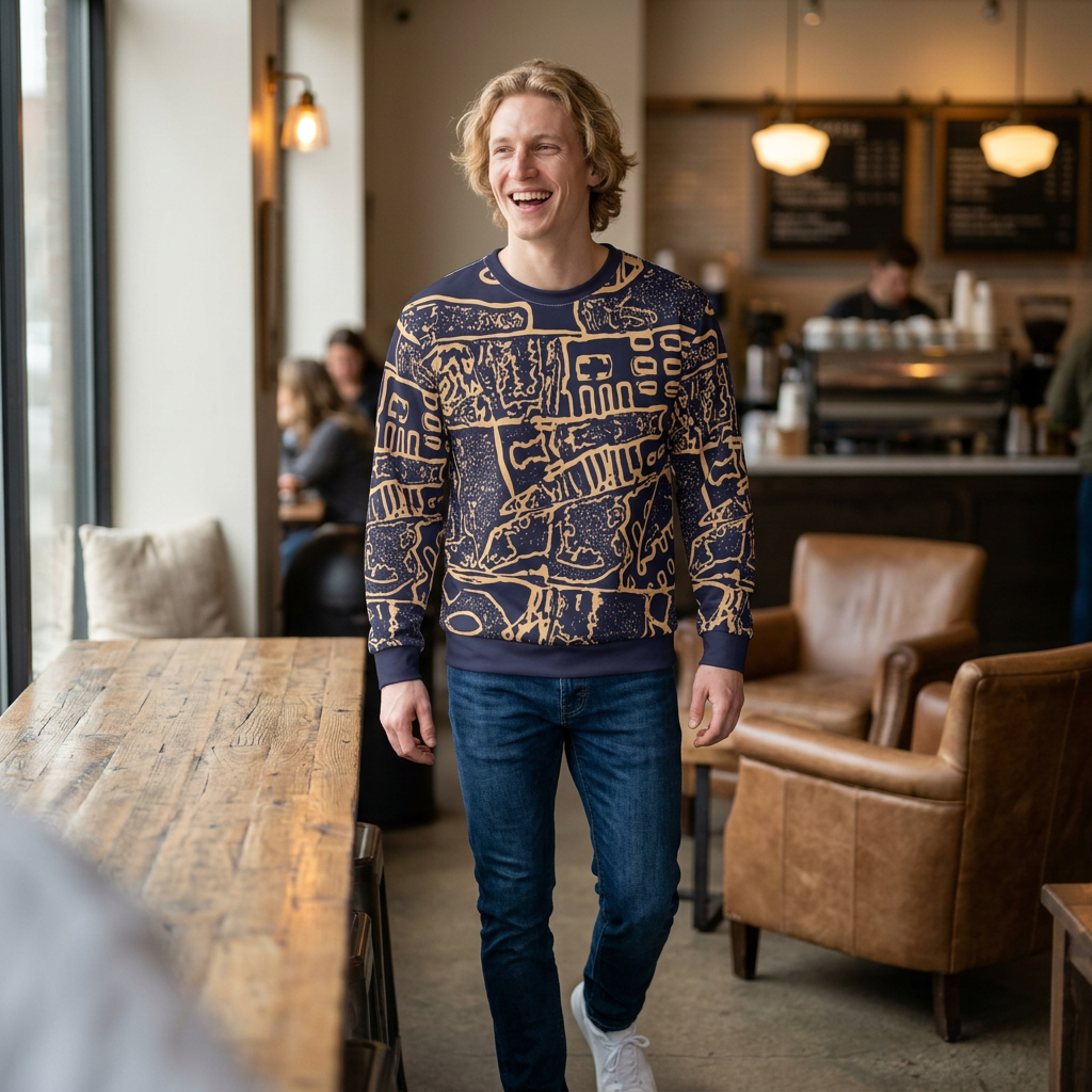 Sweat-shirt à imprimé abstrait bleu marine et doré — Motif géométrique