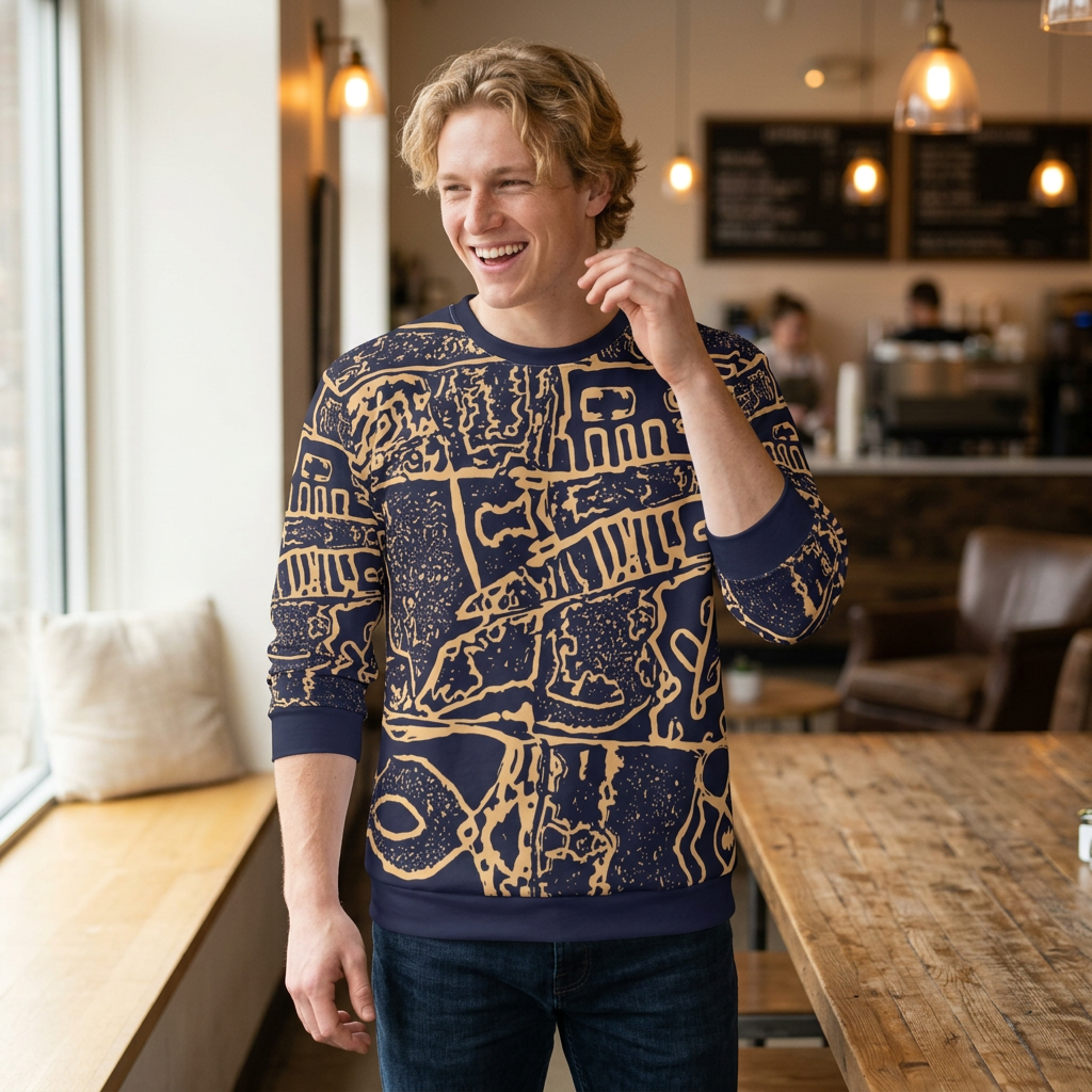 Abstract Navy & Gold All-Over Print Sweatshirt — Geometric Sketch Pattern