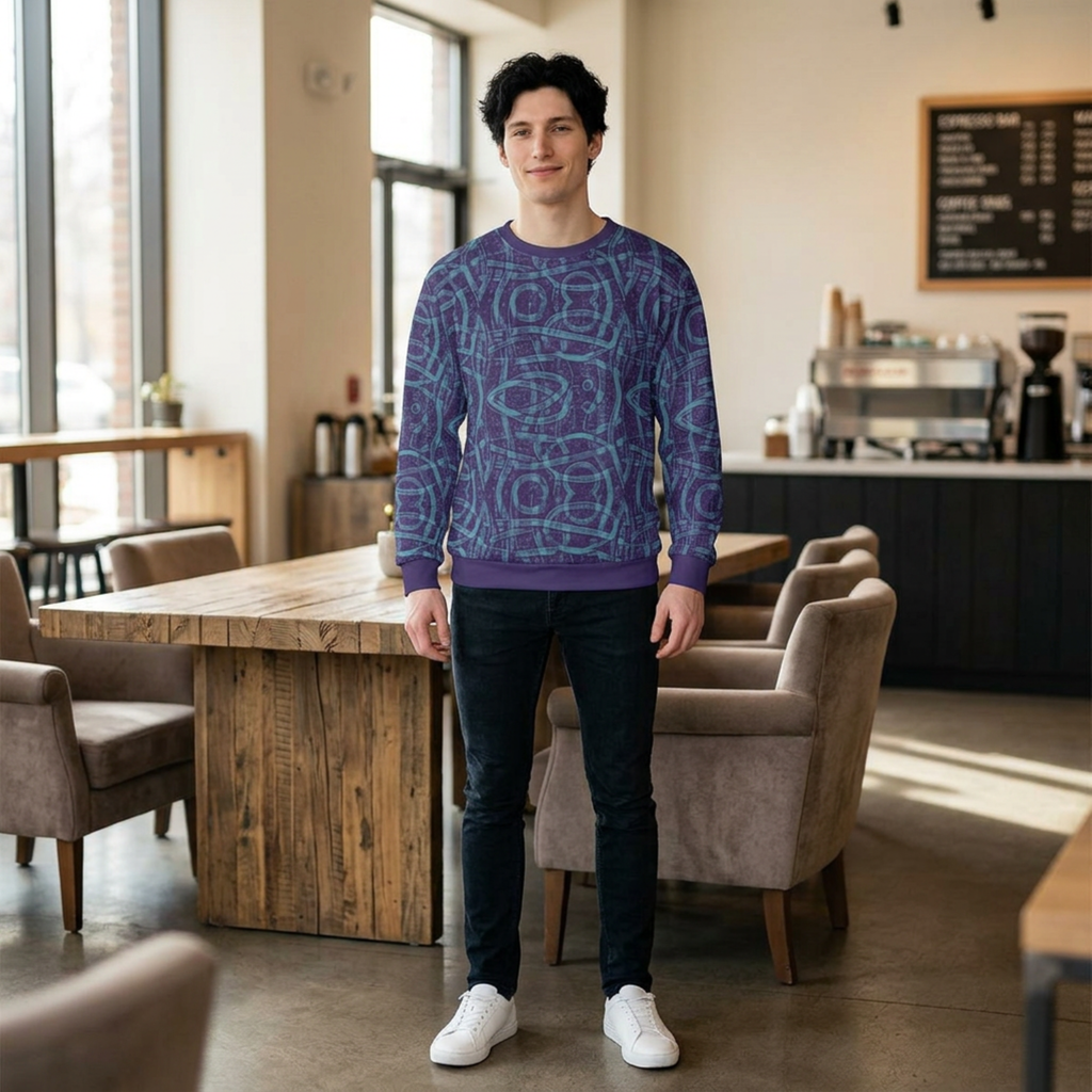 Blue Indigo Geometric All-Over-Print Sweatshirt — Abstract Tribal Pattern