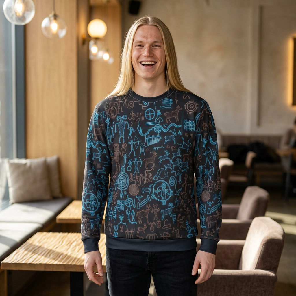 Petroglyph Pattern Sweatshirt — Blue Tribal Rock Art All-Over Print