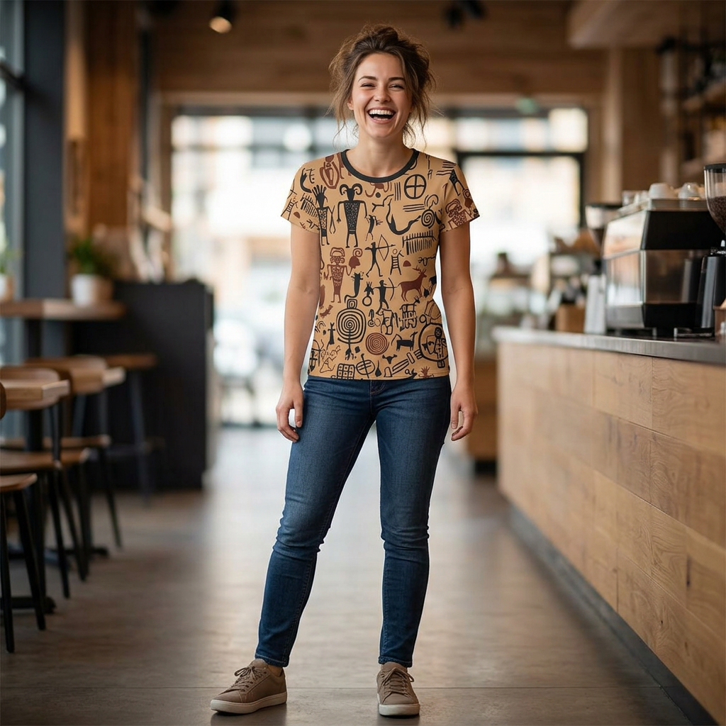 Women's All-Over Print Tee — Vintage Petroglyph / Cave Art Pattern
