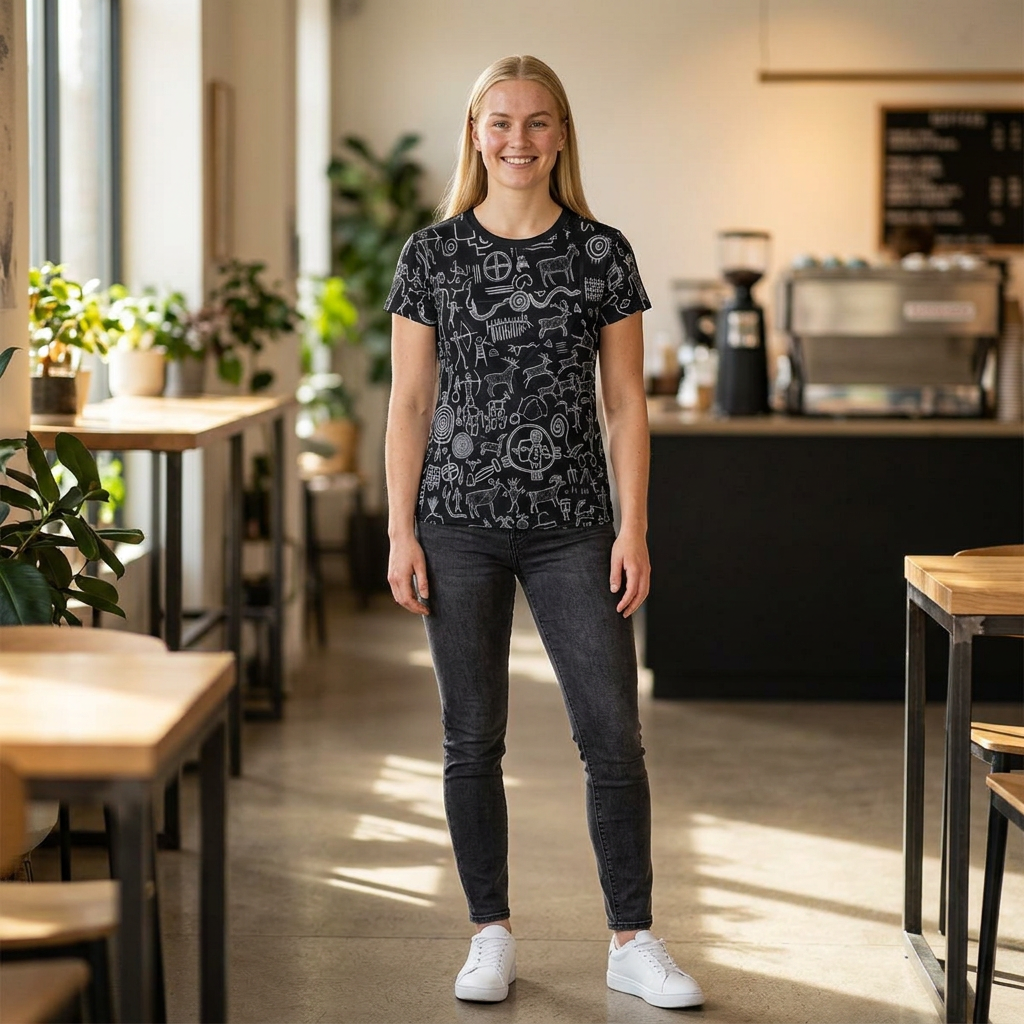 Women's All-Over Print Tee — Chalk Petroglyph Pattern