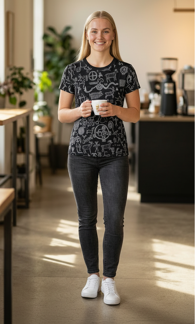 Women's all-over print tee, black crewneck with chalk-style petroglyph line art