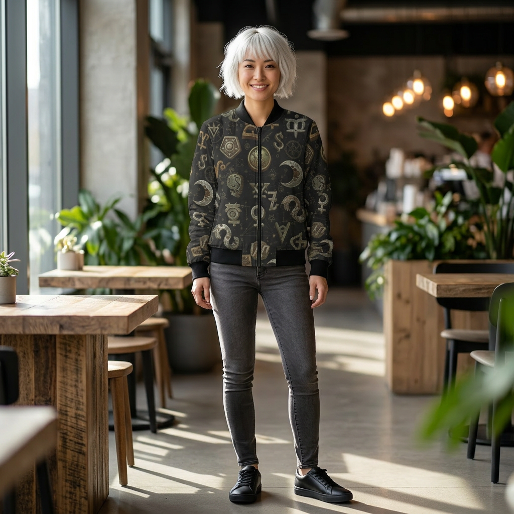 Witchy Symbol Pattern Bomber Jacket — Mystical Moon & Alchemy All-Over Print