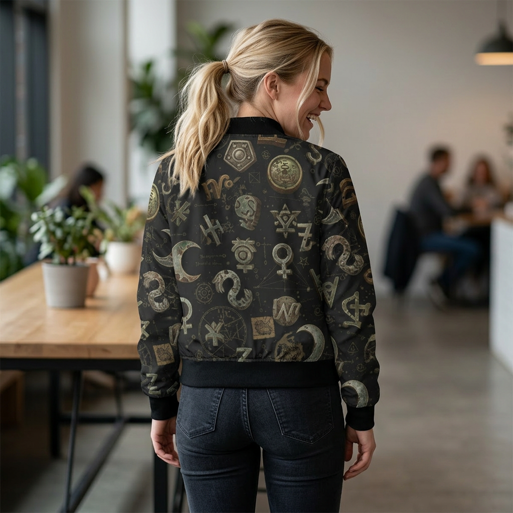 Witchy Symbol Pattern Bomber Jacket — Mystical Moon & Alchemy All-Over Print