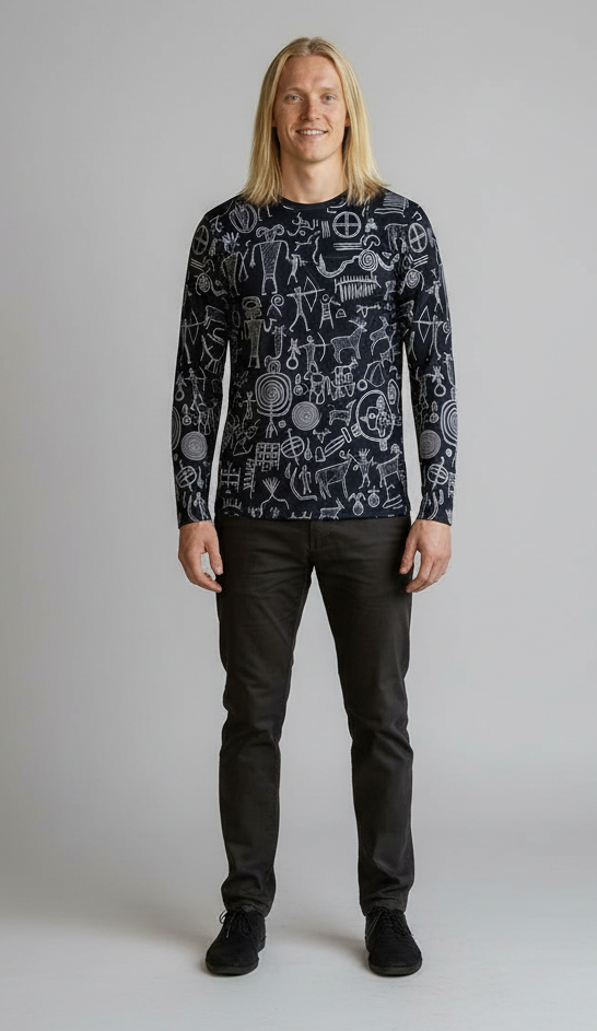 Black long-sleeve shirt with all-over white tribal petroglyph line art print