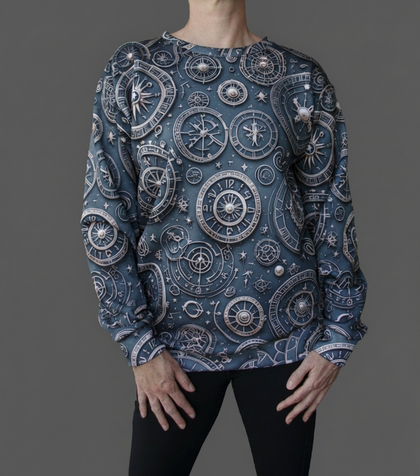 Blue crewneck sweatshirt with all-over compass and nautical dial print, long sleeves