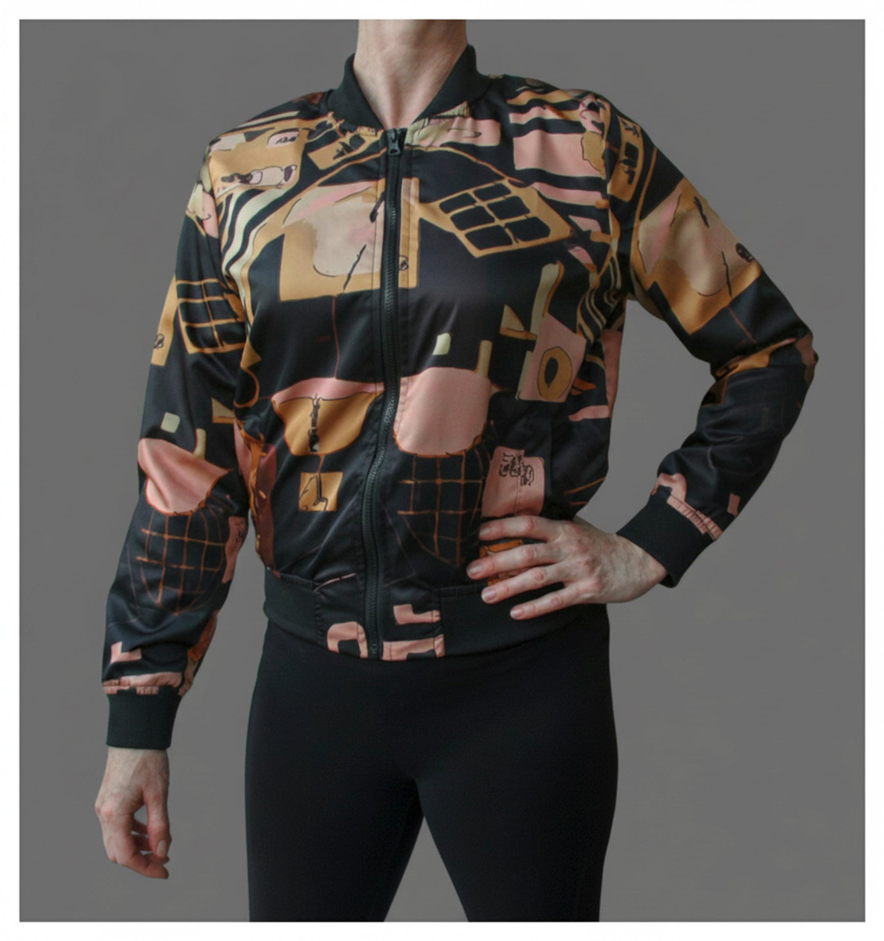 Blouson Aviateur Rétro Collage Abstrait — Imprimé All-Over Femme
