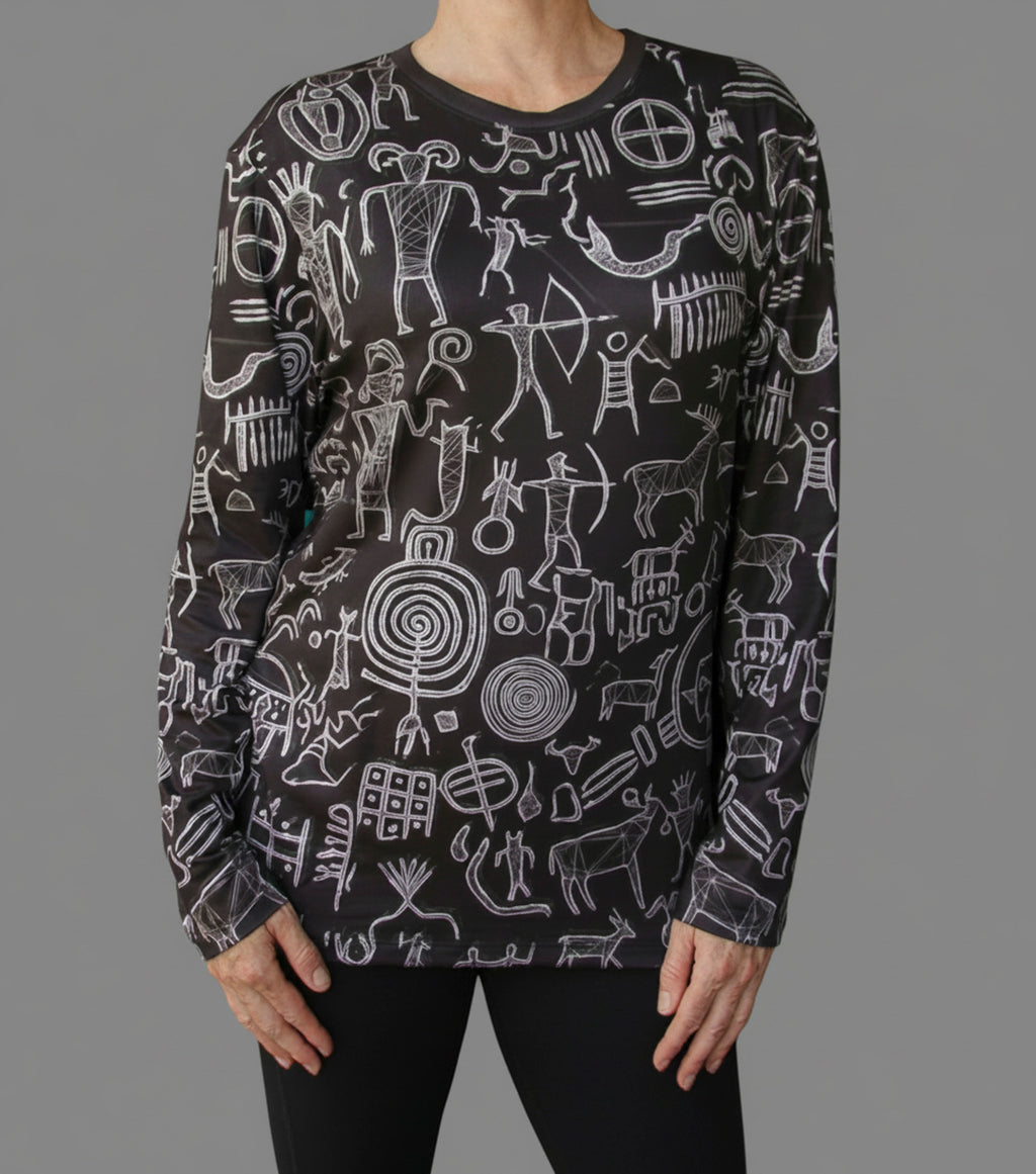 Black long-sleeve shirt with white petroglyph line art pattern, back view