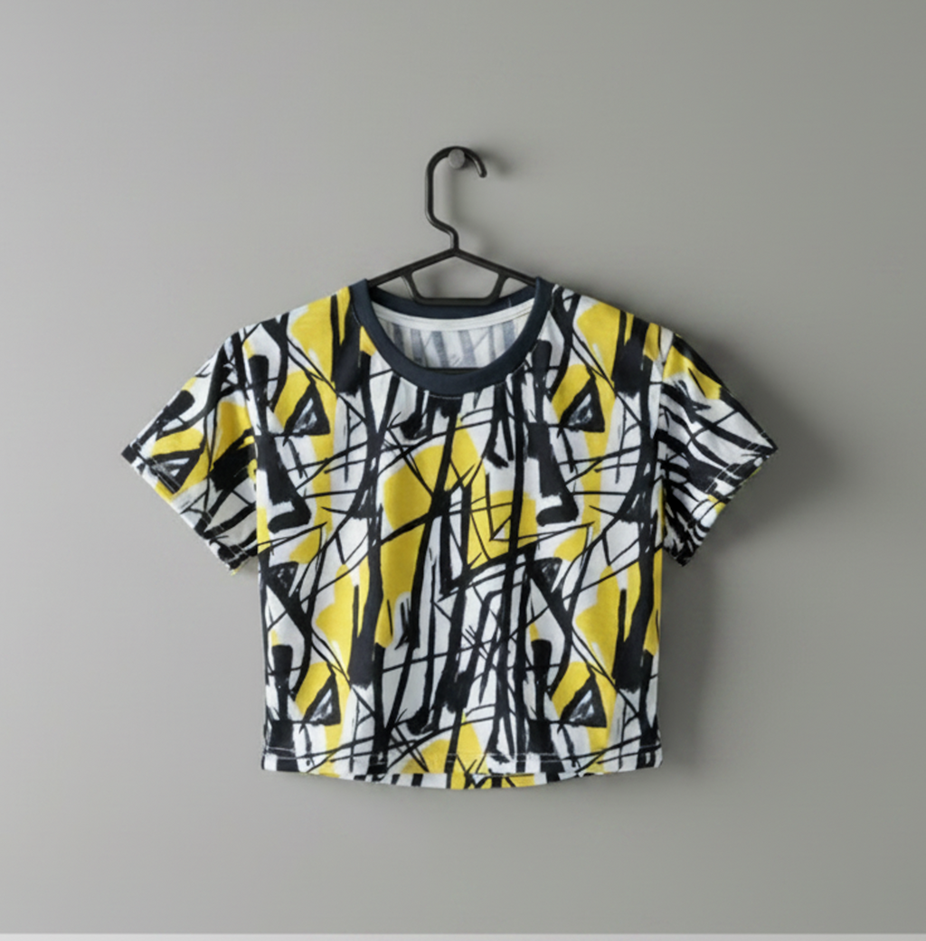 T-shirt court jaune et noir abstrait — Streetwear urbain graphique