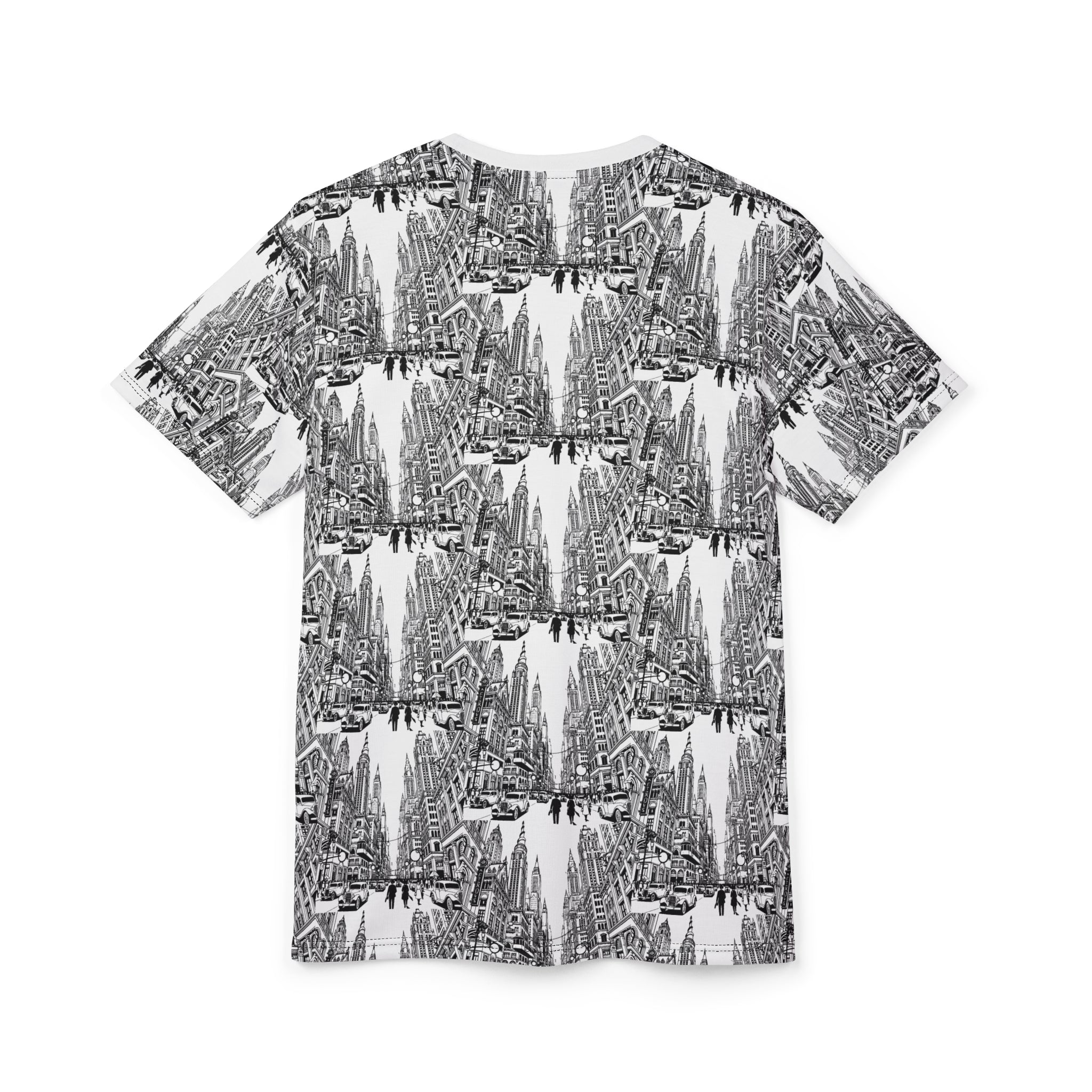Cityscape Pattern Tee — Monochrome Architectural All-Over Print