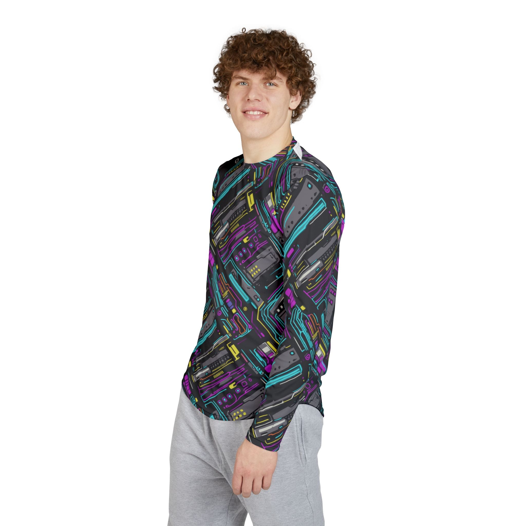 Men's long sleeve graphic shirt, retro cassette pattern, side profile