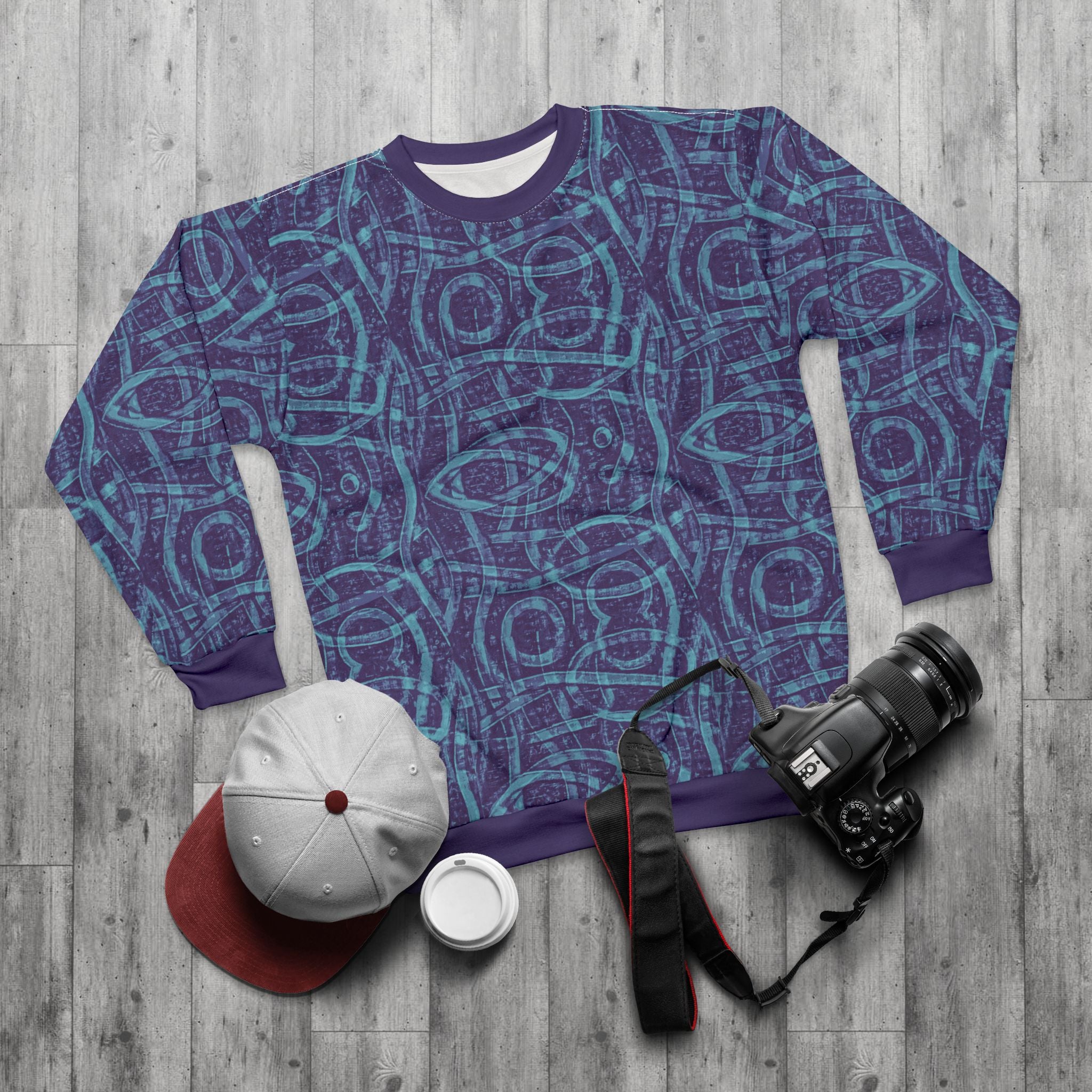 Blue Indigo Geometric All-Over-Print Sweatshirt — Abstract Tribal Pattern