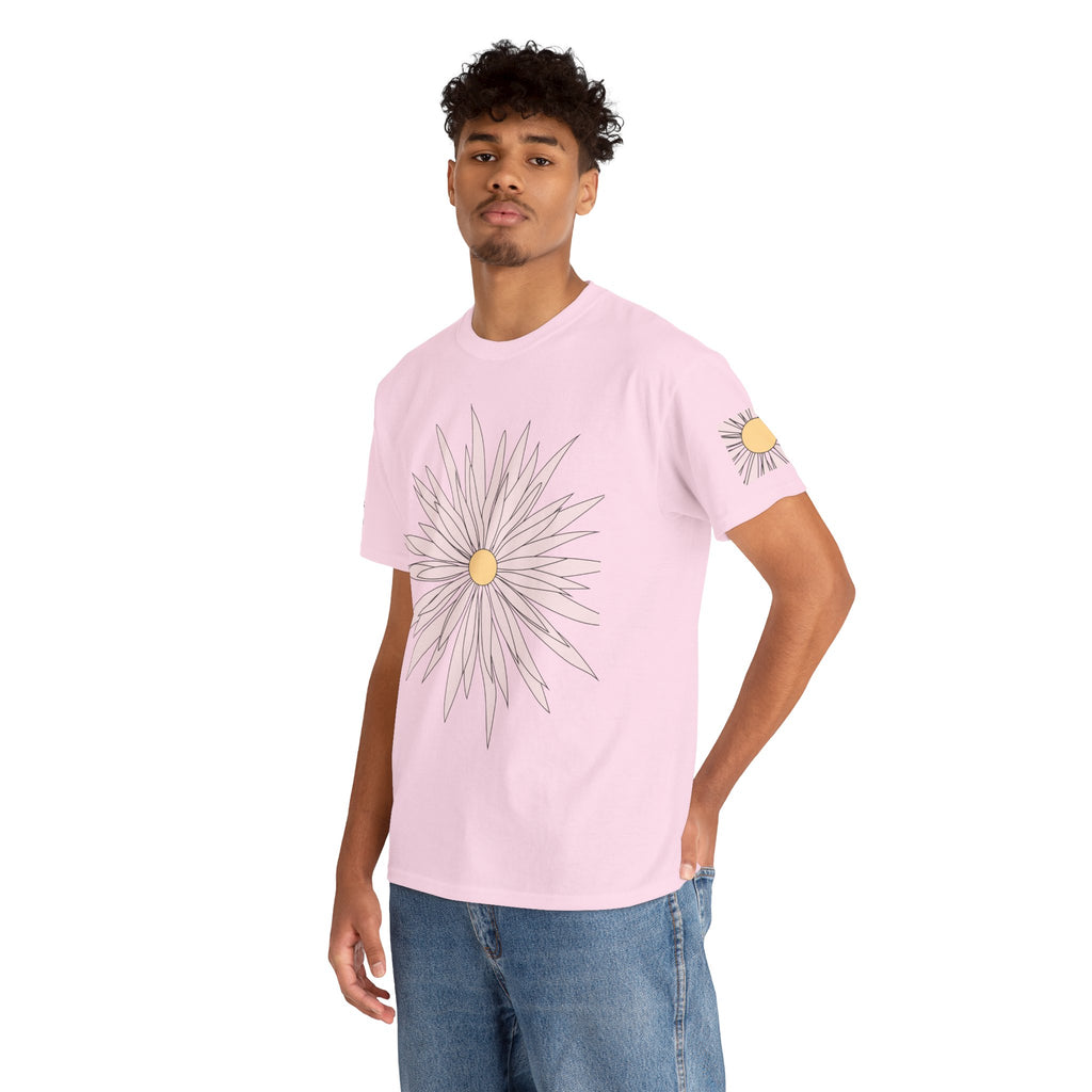 Light pink graphic tee with large daisy flower print on the front, crew neck