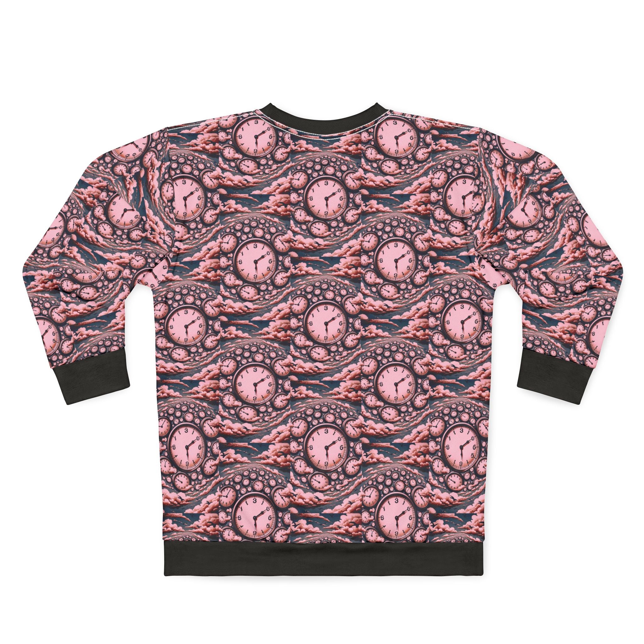 All-Over Print Sweatshirt — Surreal Pink Clockwave Pattern