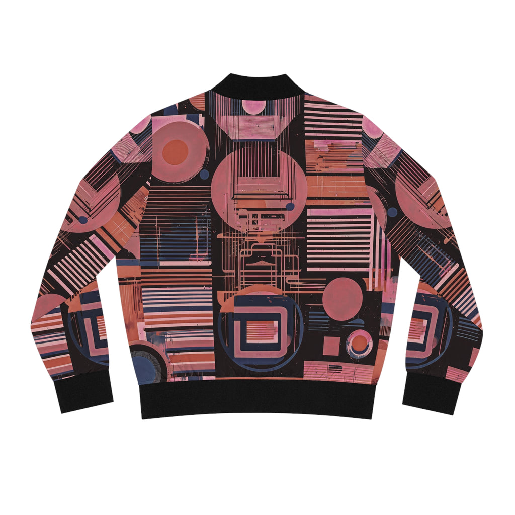 Retro Geometric Bomber Jacket — Pink & Navy Abstract AOP