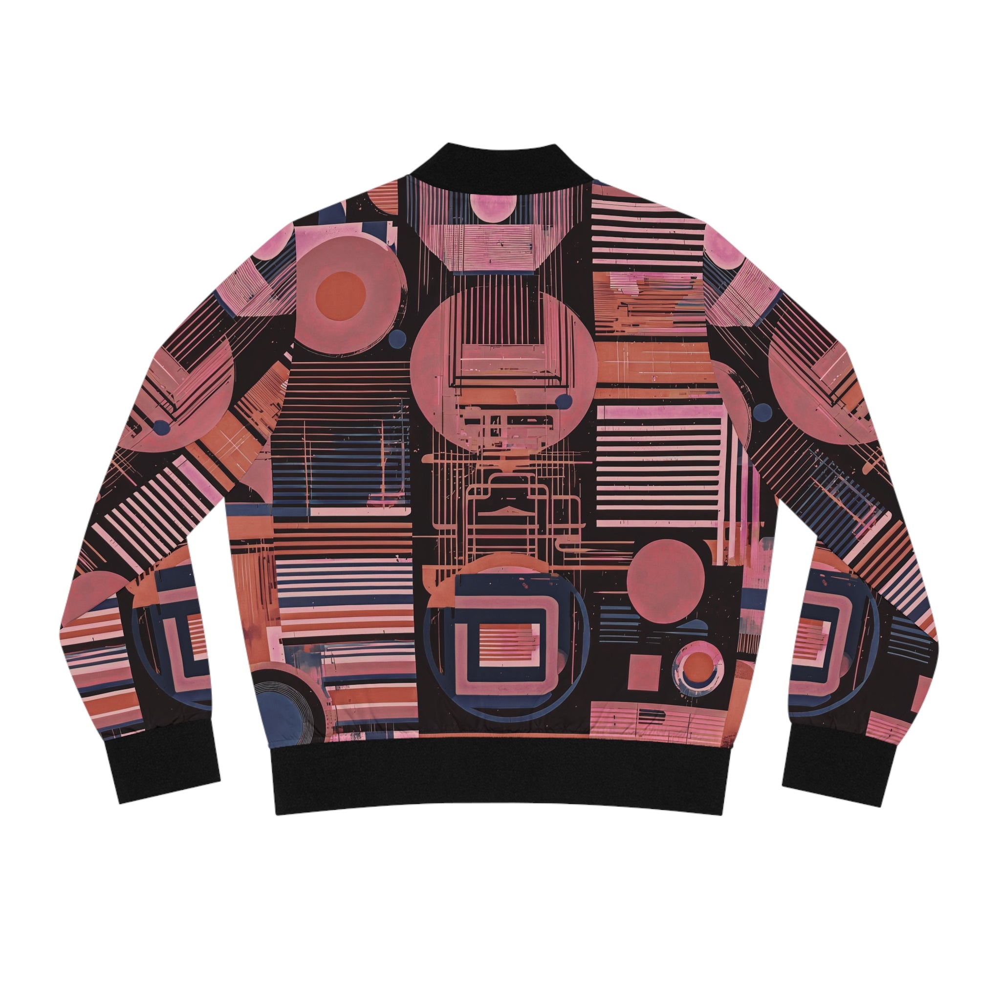 Retro Geometric Bomber Jacket — Pink & Navy Abstract AOP