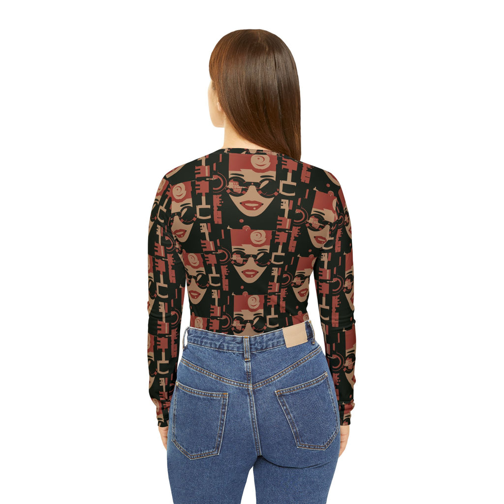 Retro Floral Face V-Neck Long Sleeve Shirt