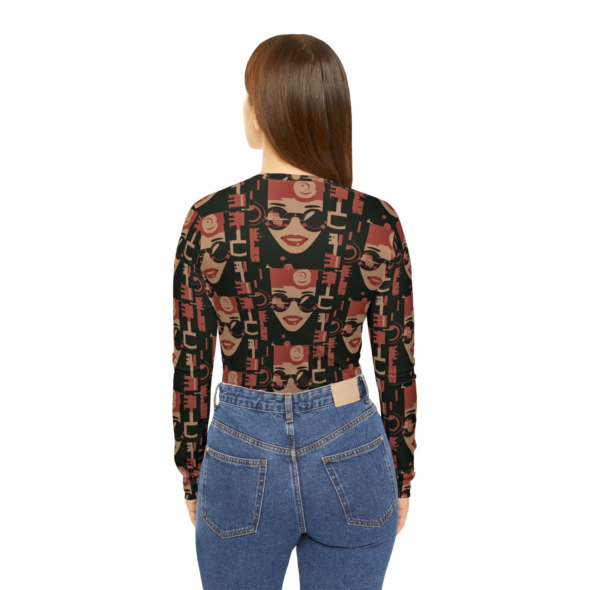 Retro Floral Face V-Neck Long Sleeve Shirt