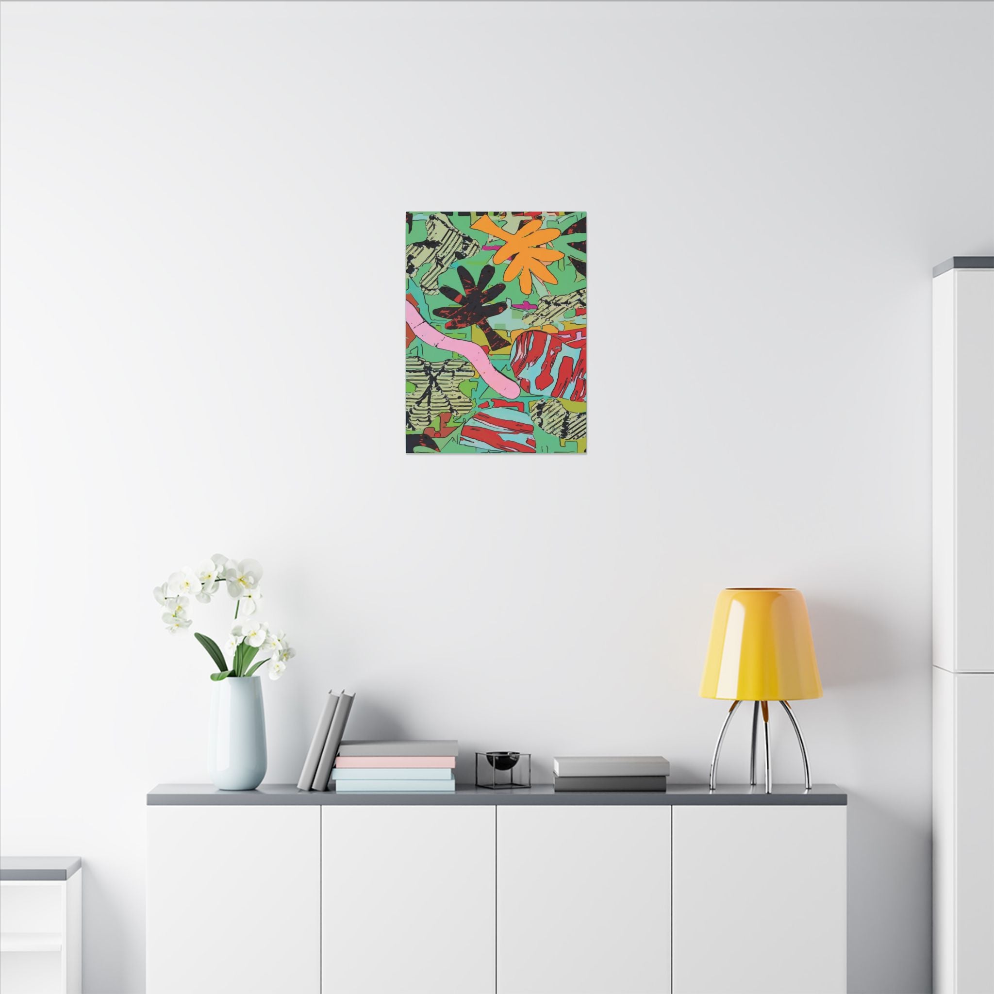 Square colorful botanical abstract canvas print with green foliage-like shapes and orange highlights