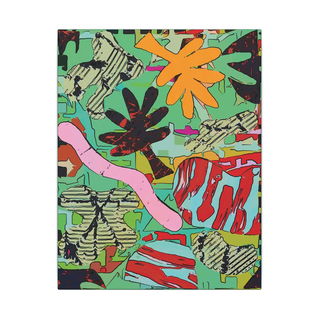 Square botanical-themed canvas print in vivid teal, pink, orange, and red with black shapes