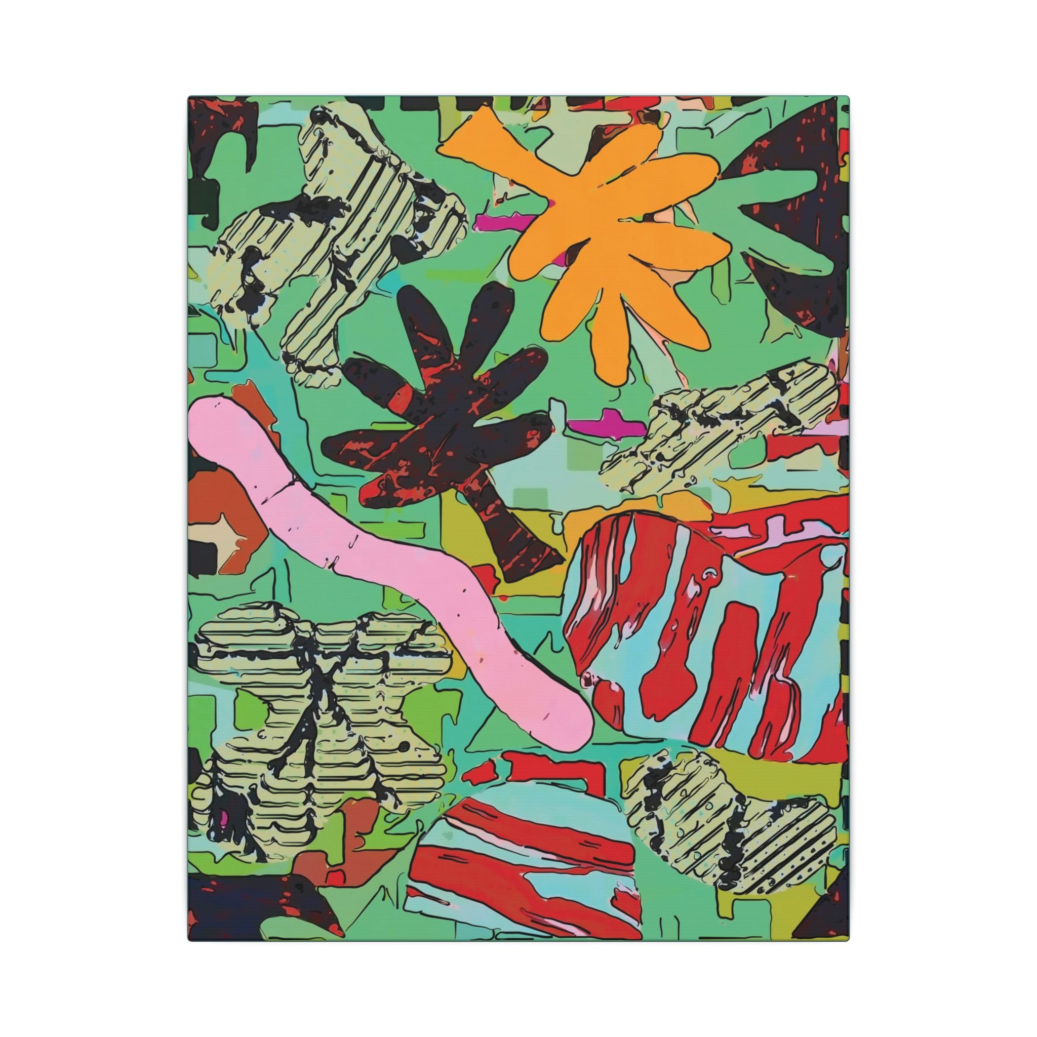 Square botanical-themed canvas print in vivid teal, pink, orange, and red with black shapes