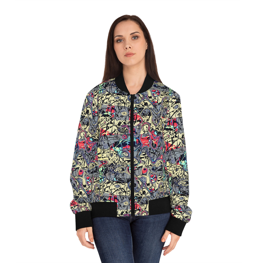 Women’s graffiti bomber jacket with black ribbed cuffs and full-zip front