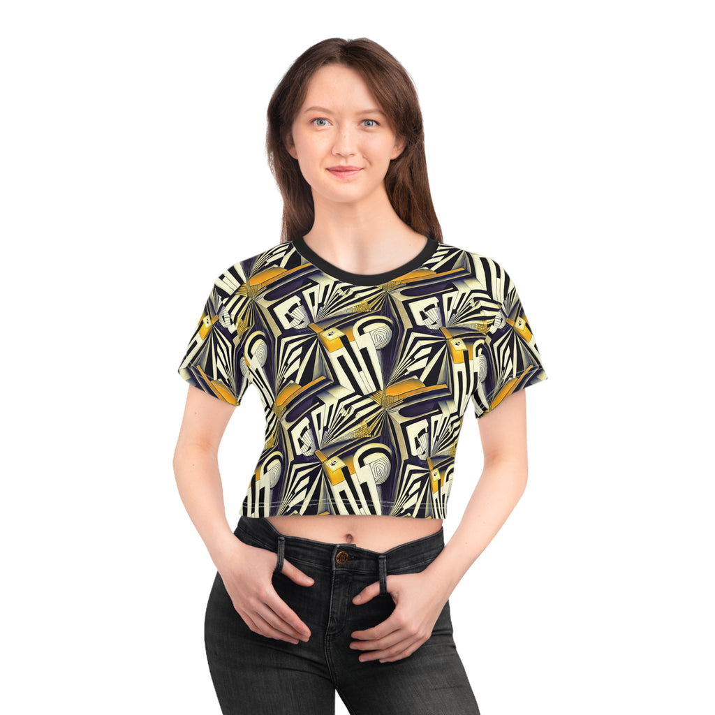 Art Deco Geometric Crop Tee — Vintage Jazz Pattern AOP