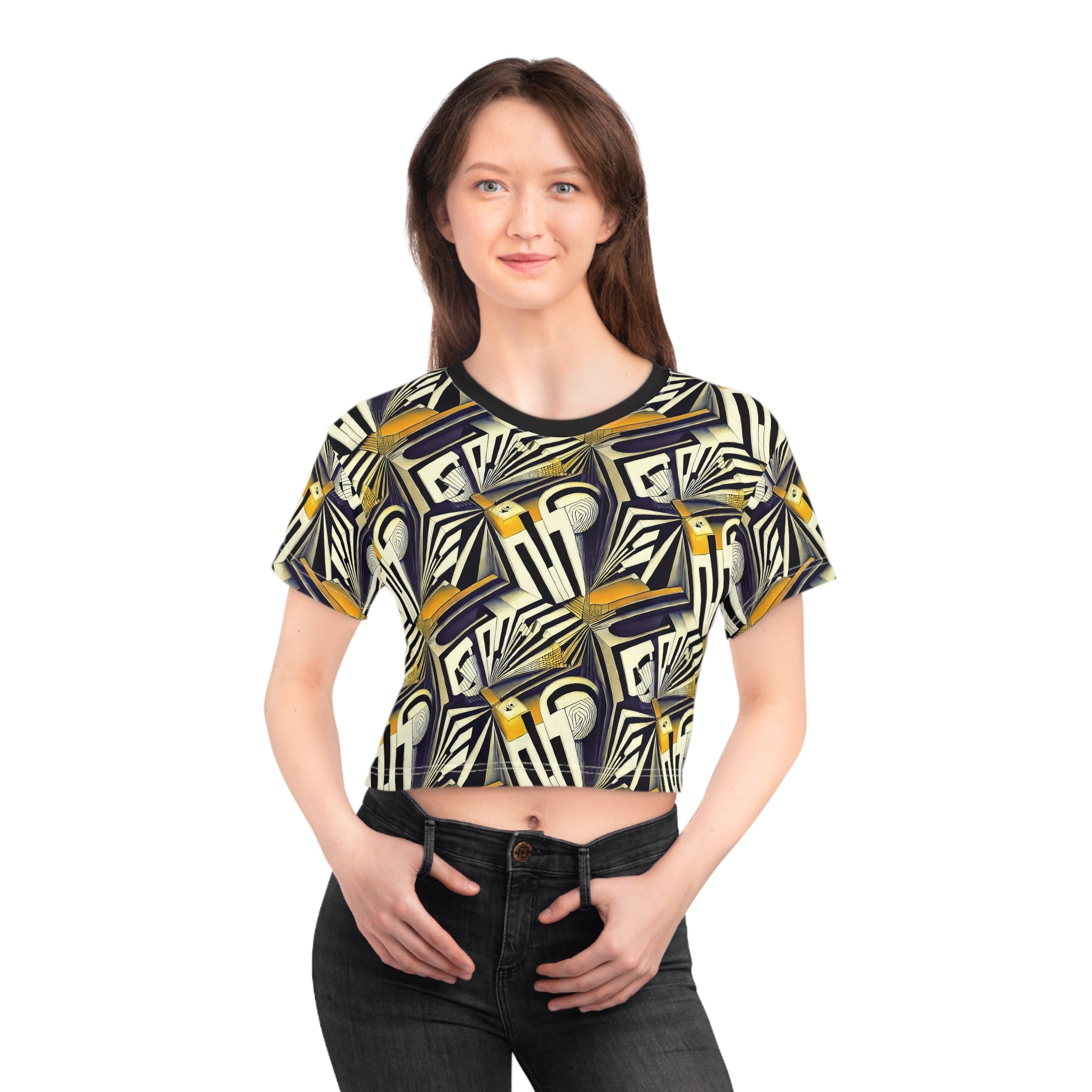 Art Deco Geometric Crop Tee — Vintage Jazz Pattern AOP