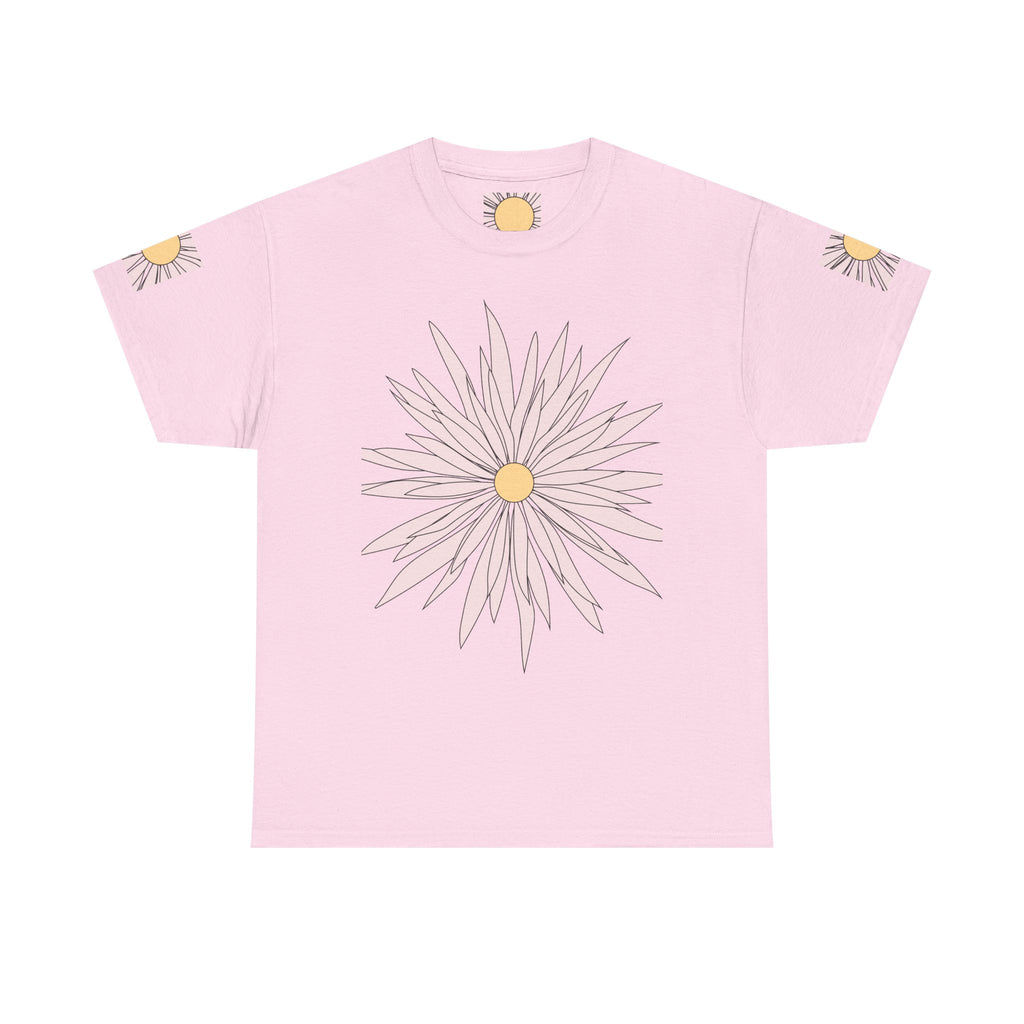 Light pink graphic tee with large daisy flower print and yellow center on front.