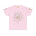 Light pink graphic tee with large daisy flower print and yellow center on front.