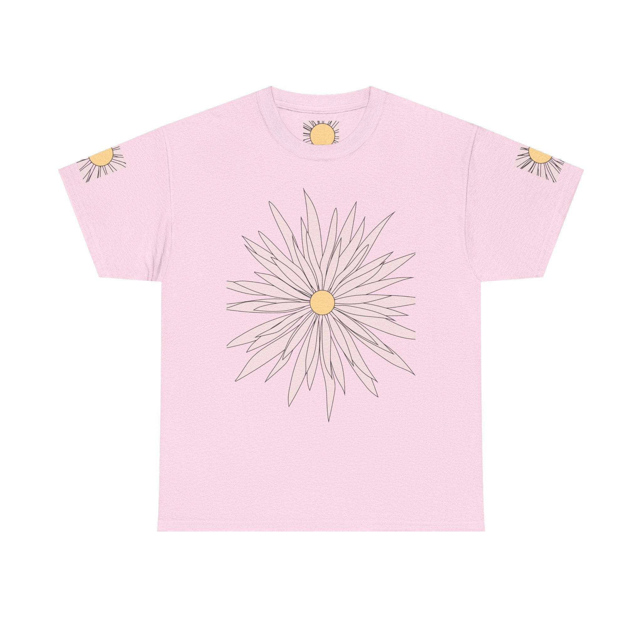 Light pink graphic tee with large daisy flower print and yellow center on front.