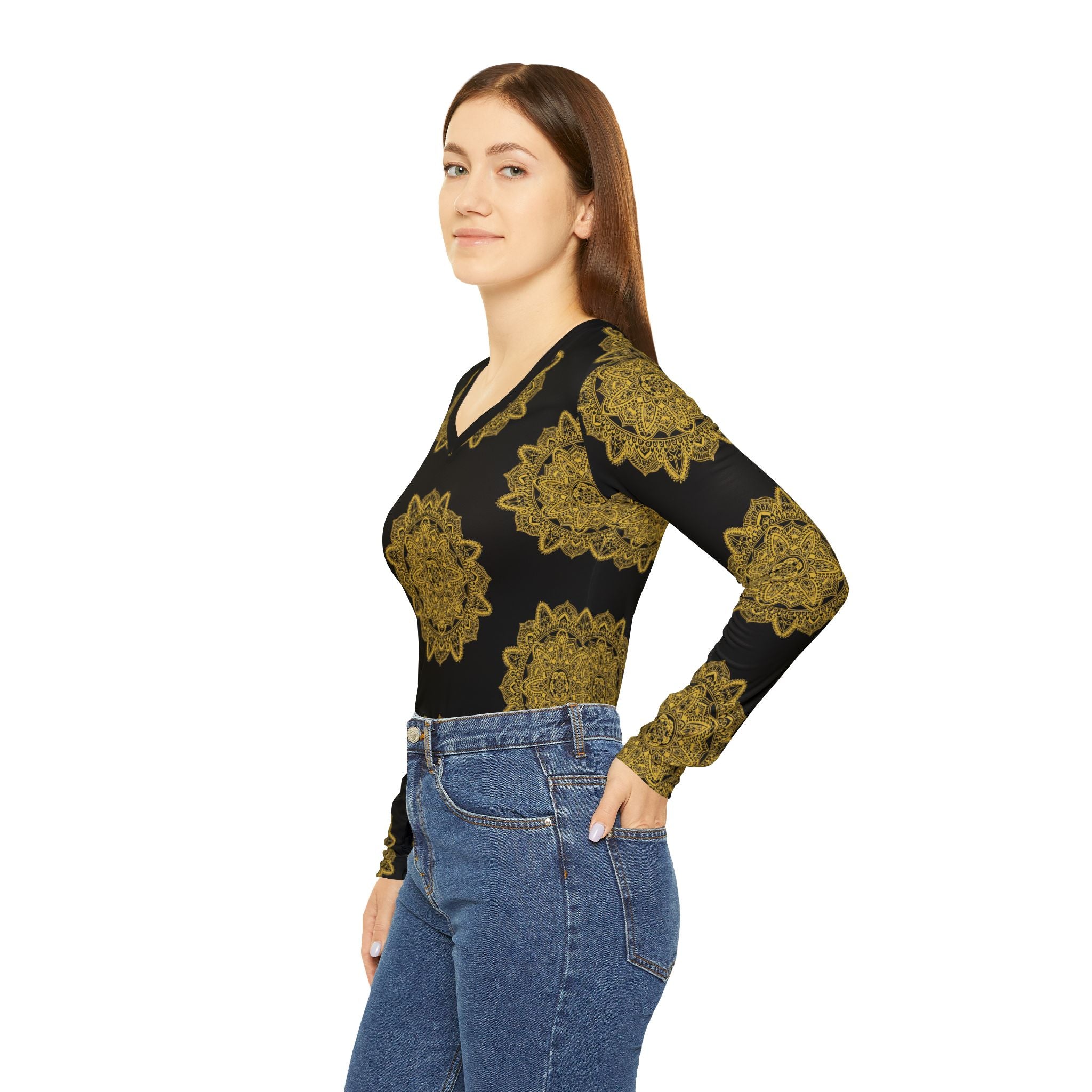 Women's v-neck long-sleeve shirt on model, side view in black with gold mandala print