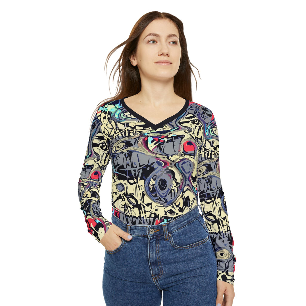 Women’s abstract graffiti v-neck long-sleeve top, shown front with long sleeves.