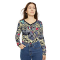 Women’s abstract graffiti v-neck long-sleeve top, shown front with long sleeves.