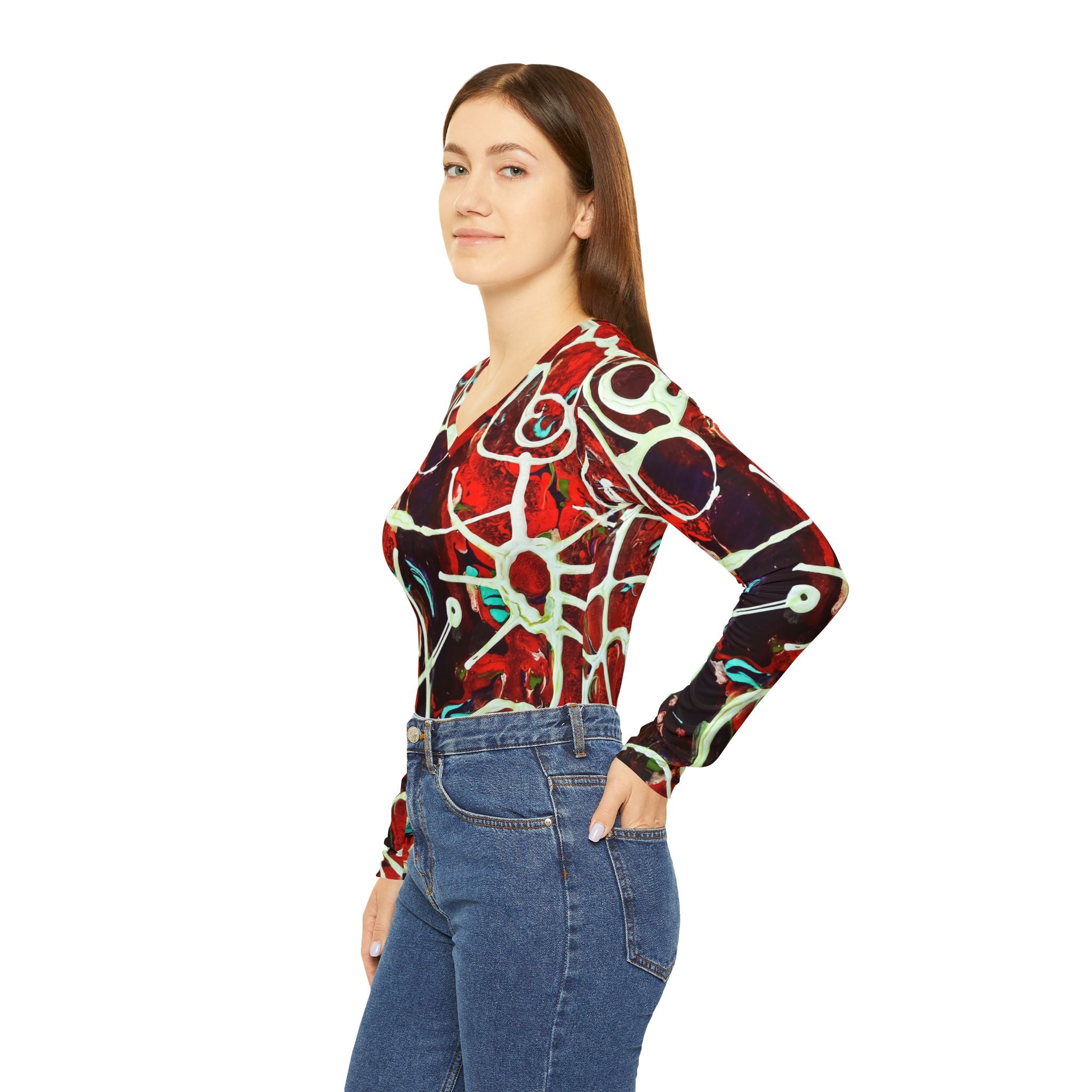 Women's V-neck long-sleeve shirt on model, red/white/teal abstract all-over print