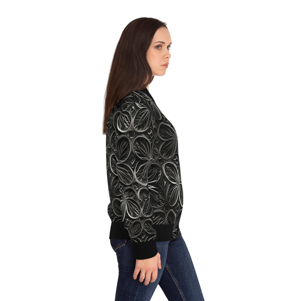 Women's bomber jacket with black monochrome petal print, side profile, ribbed cuffs