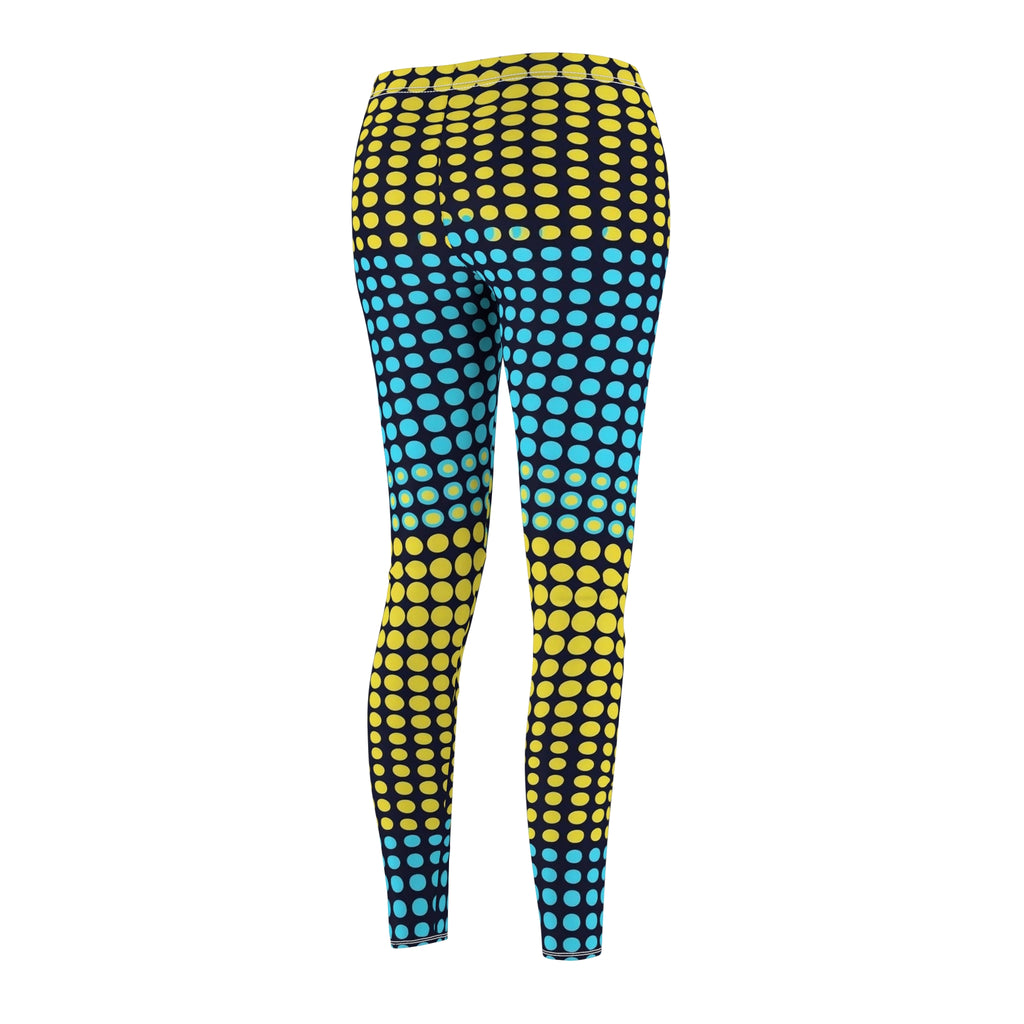 Leggings front view with yellow and teal halftone dot print, fitted skinny style