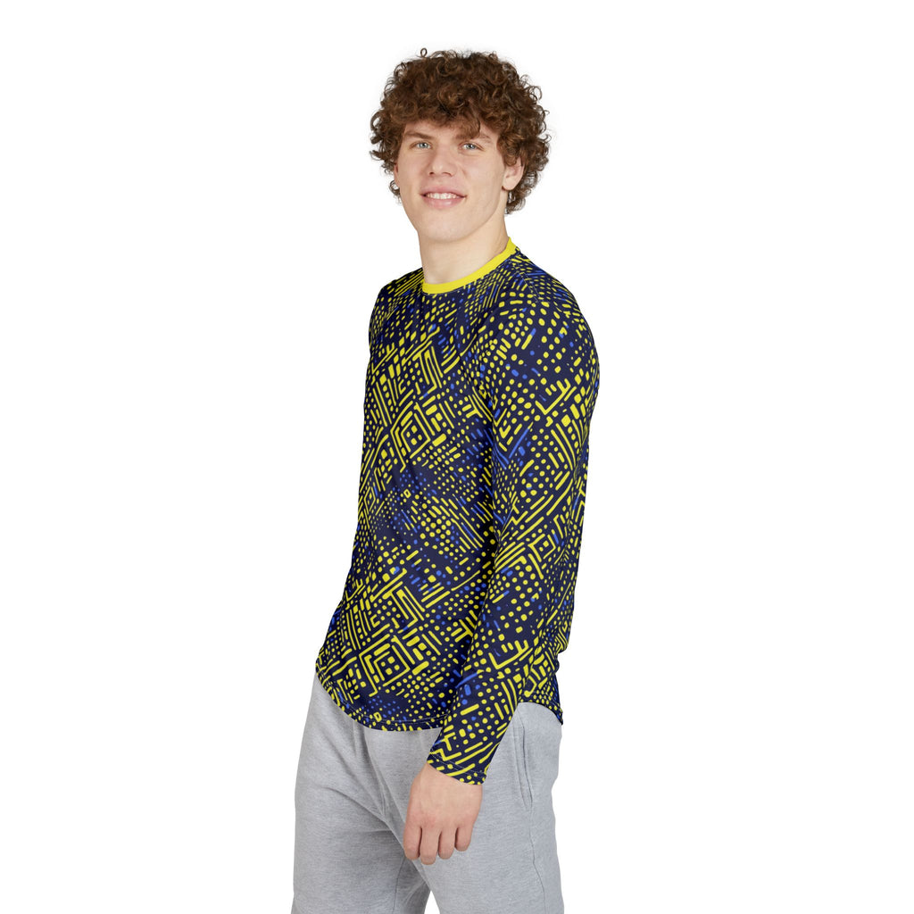 Men's UV Long Sleeve Shirt – Geometric Neon Blue & Yellow All-Over Print