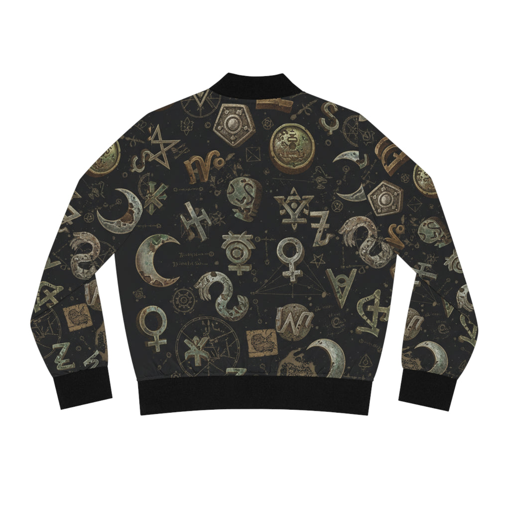 Witchy Symbol Pattern Bomber Jacket — Mystical Moon & Alchemy All-Over Print