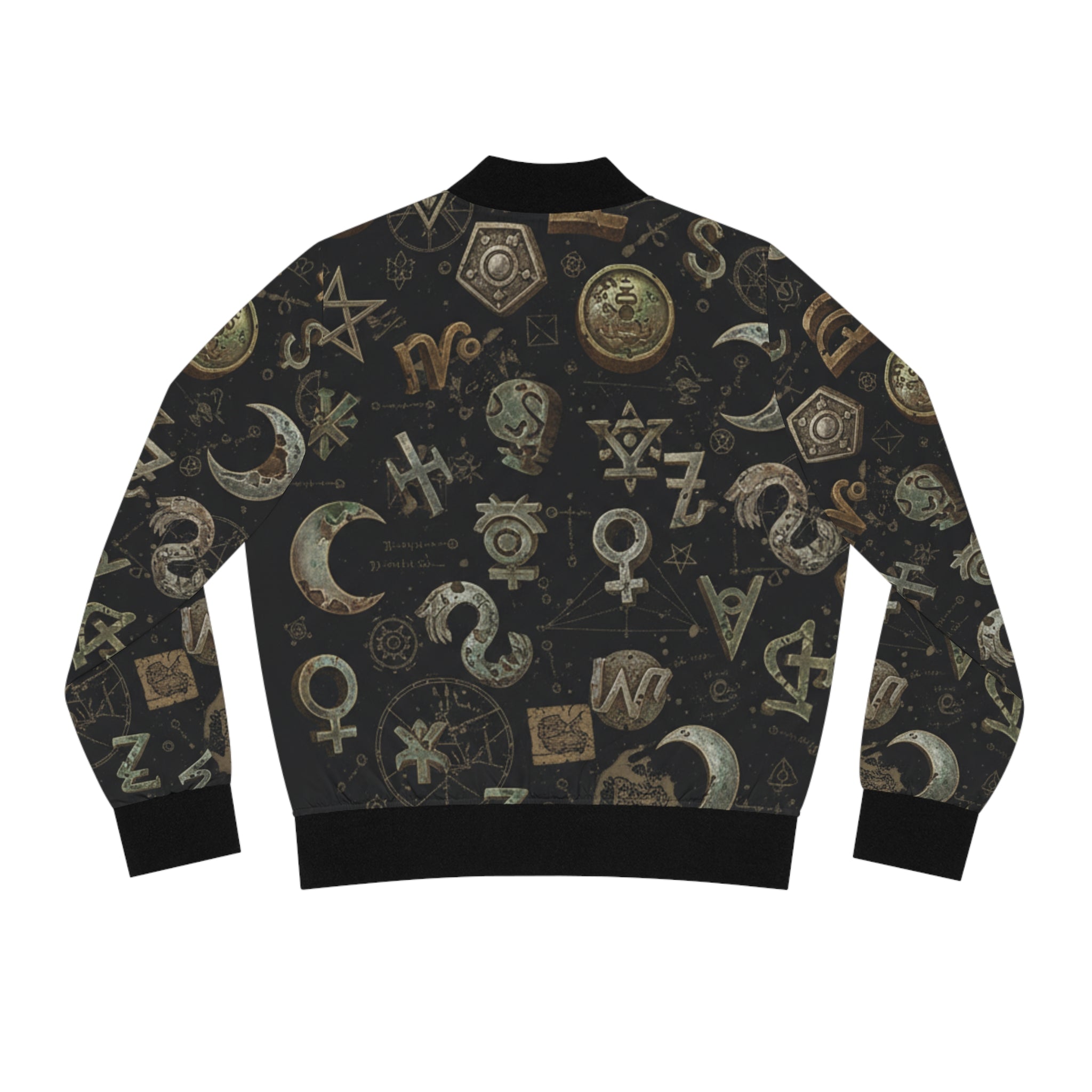 Witchy Symbol Pattern Bomber Jacket — Mystical Moon & Alchemy All-Over Print