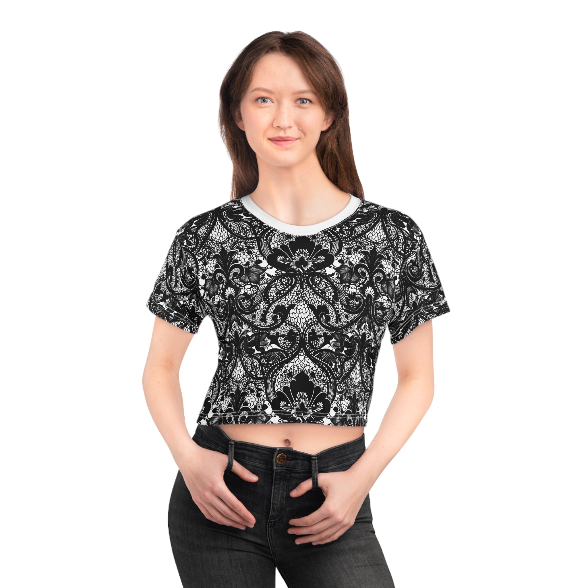 Lace Damask Crop Tee — Black Vintage Floral Pattern