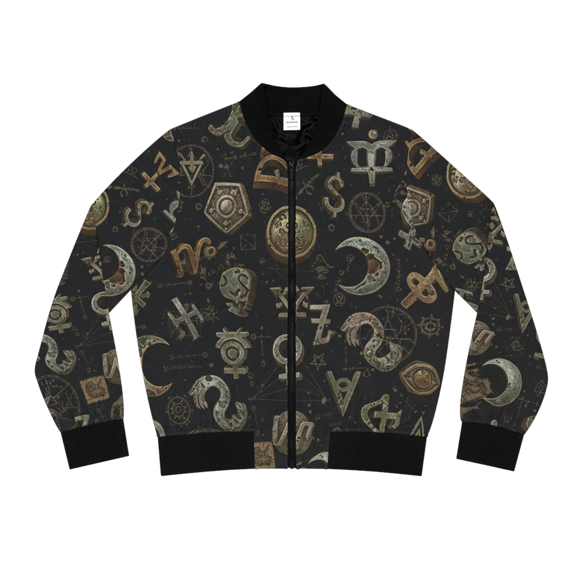 Witchy Symbol Pattern Bomber Jacket — Mystical Moon & Alchemy All-Over Print