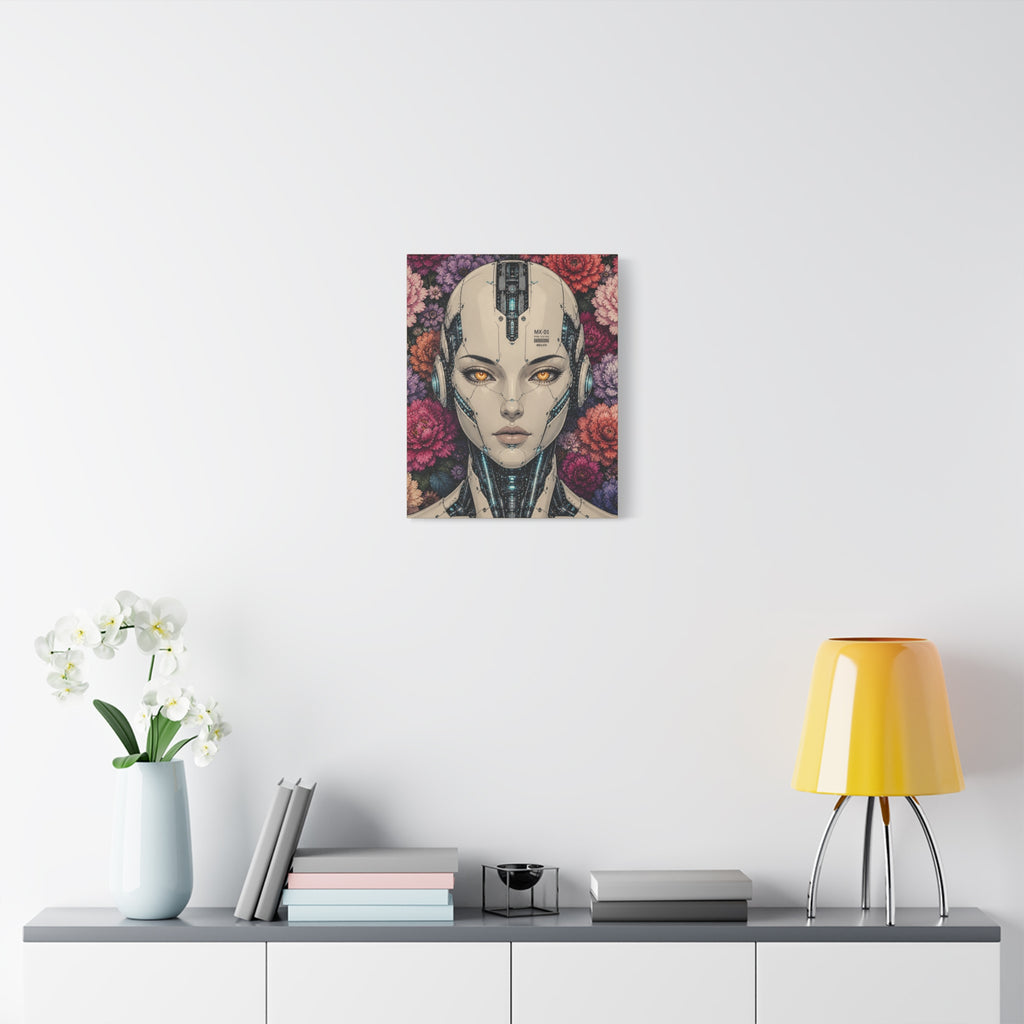 Small canvas print of futuristic android female portrait with floral background and blue circuit lines