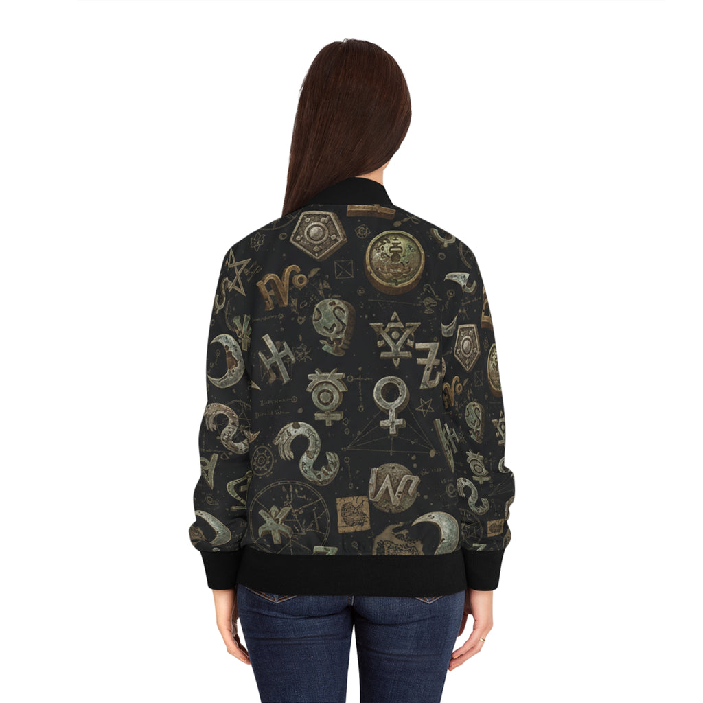 Witchy Symbol Pattern Bomber Jacket — Mystical Moon & Alchemy All-Over Print